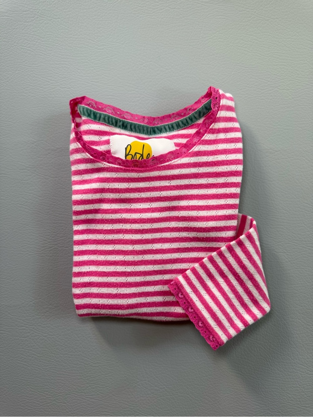 Mini Boden Girls Pointelle Pink Stripe Long Sleeve Shirt Size 7-8Y 7 8 - Slim